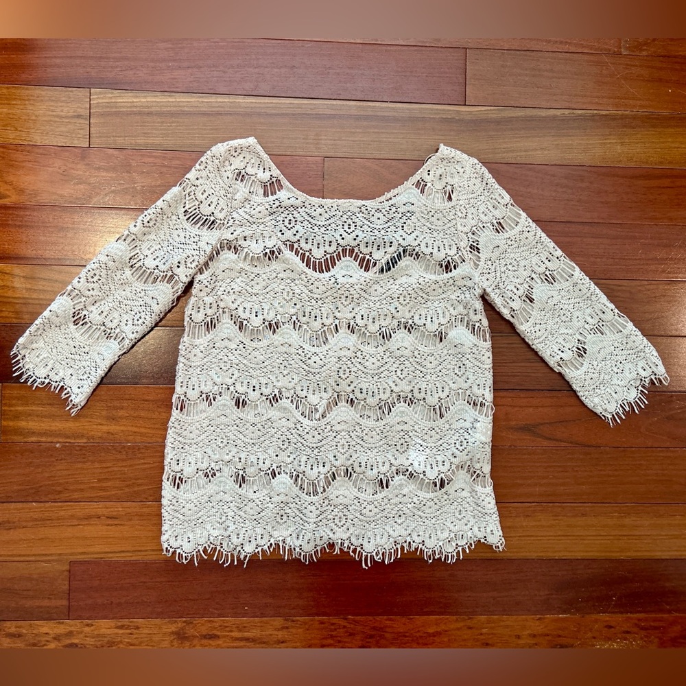 Zara TRF Collection Sheer Lace Blush Blouse | Scoop Zipper Back | 3/4 Sleeve